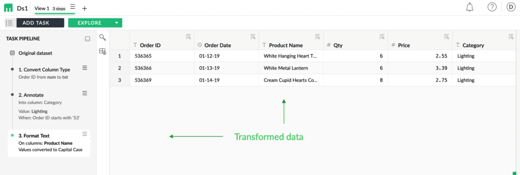 Dataset Ds1 after three recorded steps: Order ID converted from number to text, a Category of Lighting annotated onto rows whose Order ID starts with 53, and Product Name reformatted to capital case
