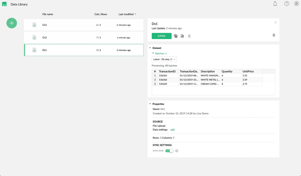 Mammoth's Data Library with three uploaded datasets, Ds1 selected to show its five columns and three rows and a preview of the raw transaction data