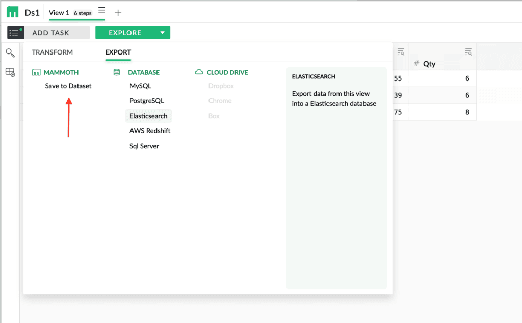 Mammoth's Export menu with Save to Dataset highlighted under the Mammoth heading, beside database destinations such as MySQL, PostgreSQL and Redshift and greyed-out cloud drives