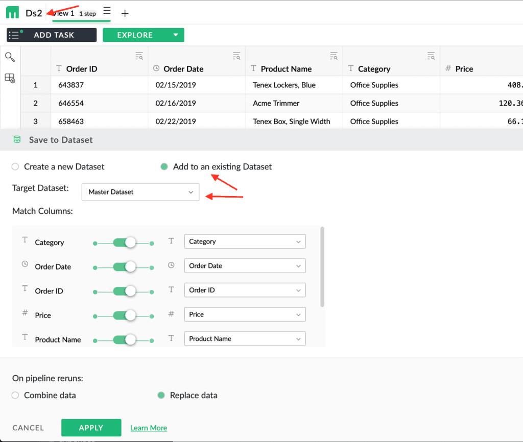 The Save to Dataset panel on Ds2 with Add to an existing Dataset selected, Master Dataset as the target, and Category, Order Date, Order ID, Price and Product Name each mapped to their counterpart