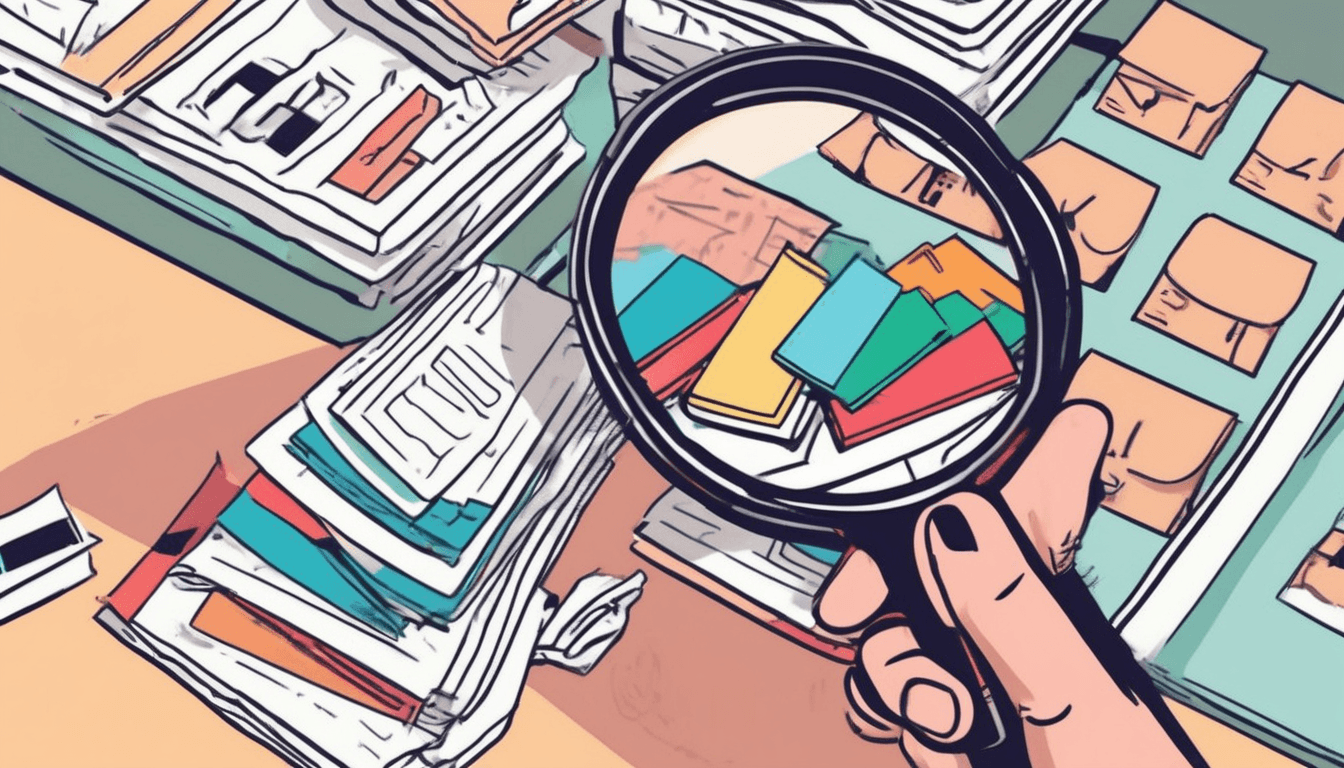 A magnifying glass held over stacks of printed documents, enlarging a row of coloured bars into a readable chart