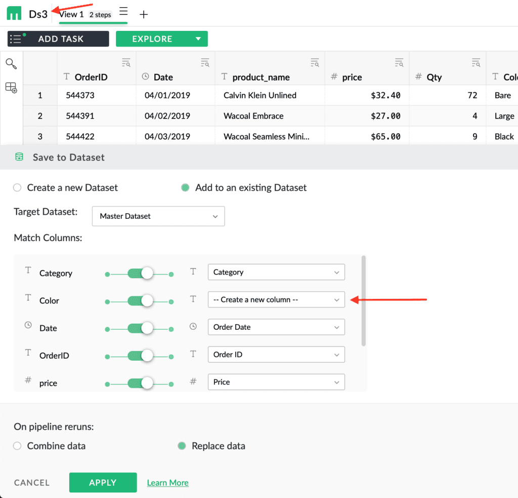 The Save to Dataset panel in Mammoth, with Add to an existing Dataset selected, Master Dataset as the target, and each source column mapped to a destination column, with Color set to create a new column
