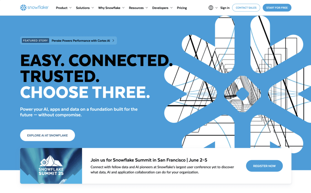 Snowflake homepage, headlined Easy. Connected. Trusted. Choose three., subtitled Power your AI, apps and data on a foundation built for the future