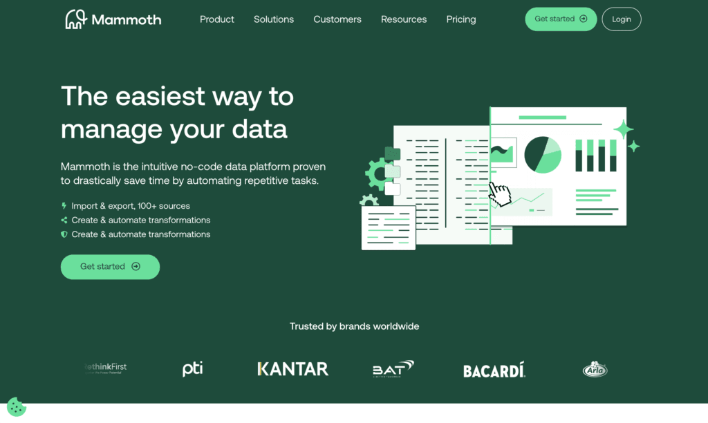 Mammoth homepage, headlined The easiest way to manage your data, subtitled the intuitive no-code data platform proven to drastically save time by automating repetitive tasks