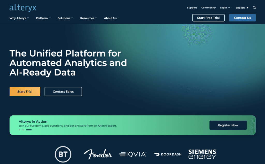 Alteryx homepage, headlined The Unified Platform for Automated Analytics and AI-Ready Data, with logos for BT, Fender, IQVIA, DoorDash and Siemens Energy