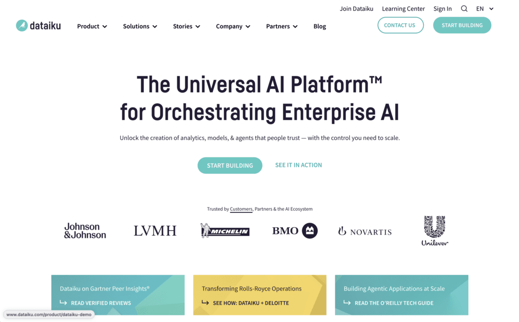 Dataiku homepage, headlined The Universal AI Platform for Orchestrating Enterprise AI, with logos for Johnson and Johnson, LVMH, Michelin, BMO, Novartis and Unilever