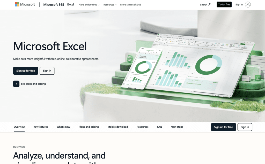 Microsoft Excel product page, subtitled Make data more insightful with free, online, collaborative spreadsheets, beside Excel charts shown on a laptop and phone