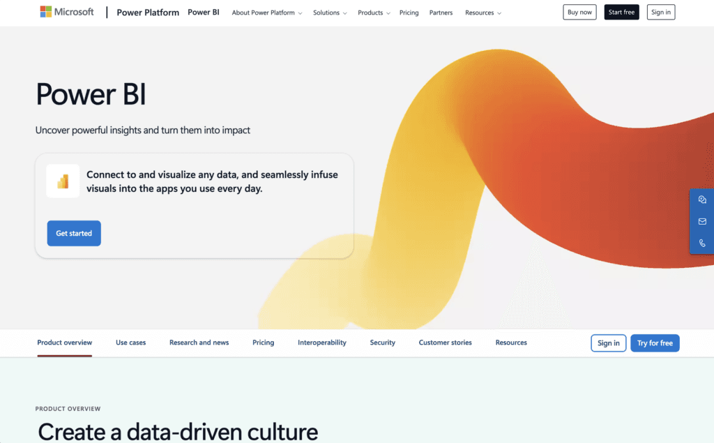 Microsoft Power BI product page, subtitled Uncover powerful insights and turn them into impact