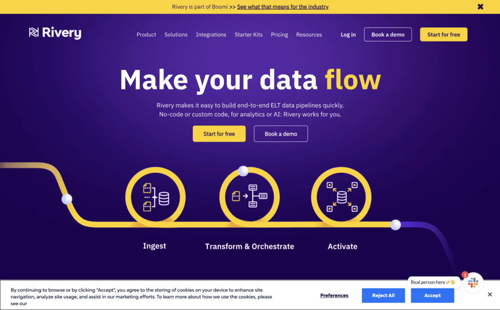 Rivery homepage, headlined Make your data flow, above its three pipeline stages: Ingest, Transform and Orchestrate, and Activate