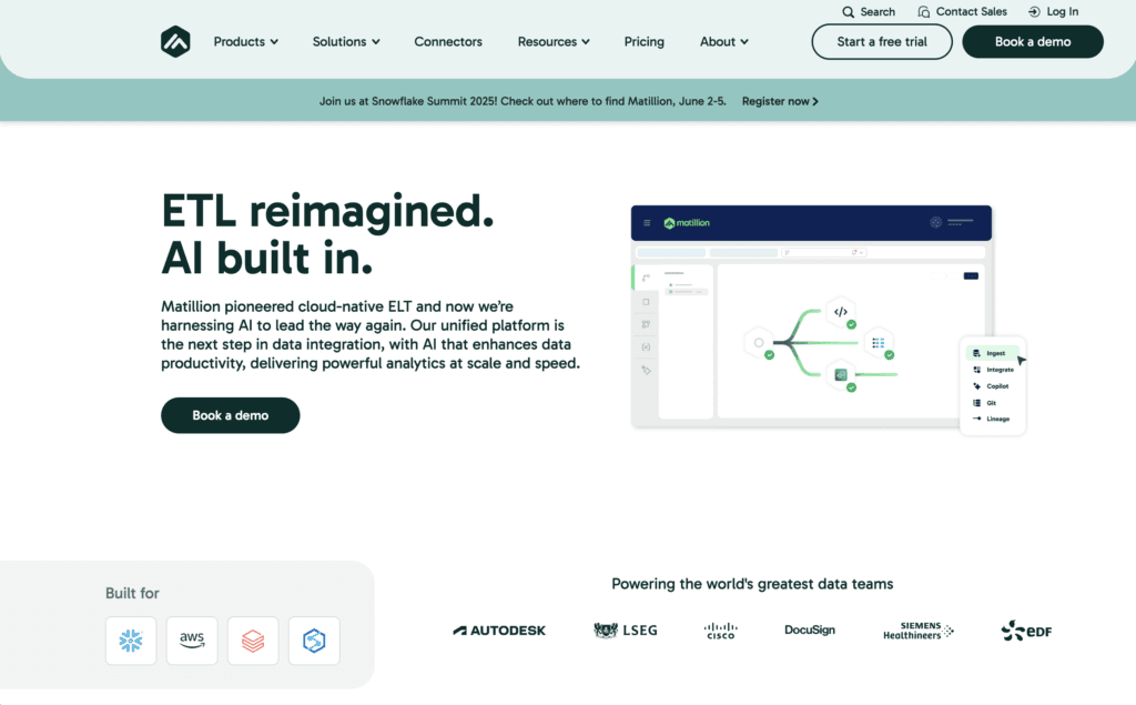 Matillion homepage, headlined ETL reimagined, AI built in, beside a screenshot of its pipeline canvas, with logos for Autodesk, LSEG, Cisco, DocuSign, Siemens Healthineers and EDF