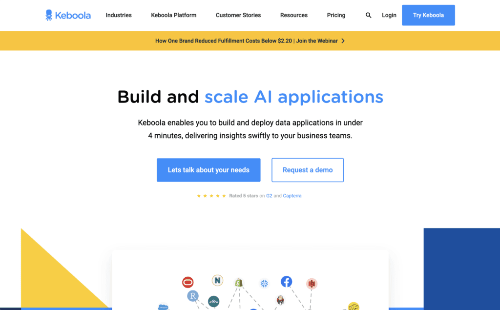 Keboola homepage, headlined Build and scale AI applications, subtitled build and deploy data applications in under 4 minutes