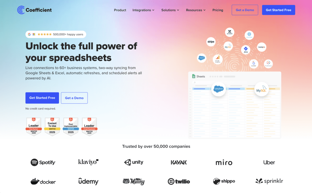 Coefficient homepage, headlined Unlock the full power of your spreadsheets, showing live connections from Salesforce and MySQL into a Google Sheet, with logos for Spotify, Klaviyo, Unity, Uber, Docker and Twilio