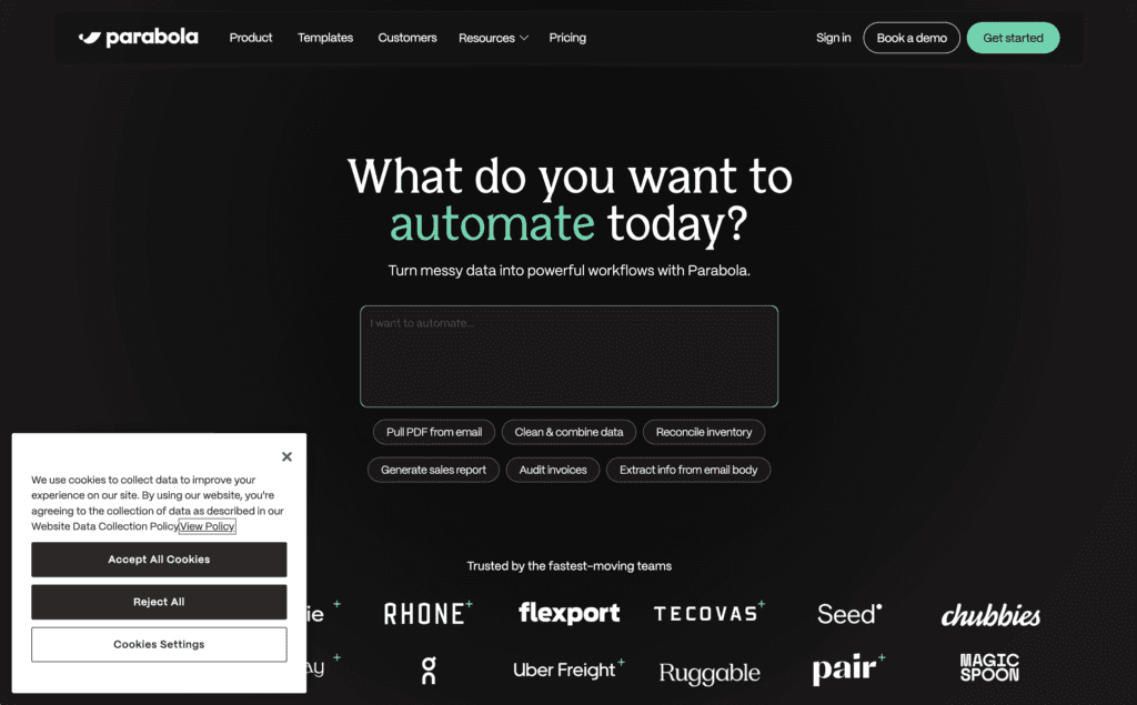 Parabola homepage, headlined What do you want to automate today, with a prompt box and suggestions including Pull PDF from email, Clean and combine data and Audit invoices