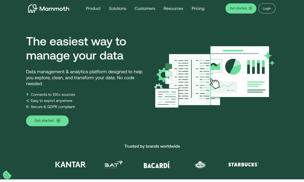 Mammoth homepage, headlined The easiest way to manage your data, with logos for Kantar, BAT, Bacardi, Arla and Starbucks