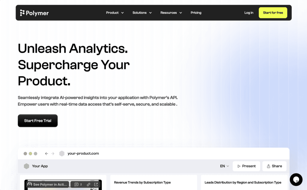 Polymer homepage, headlined Unleash Analytics, Supercharge Your Product, above a preview of Polymer dashboards embedded in a customer app