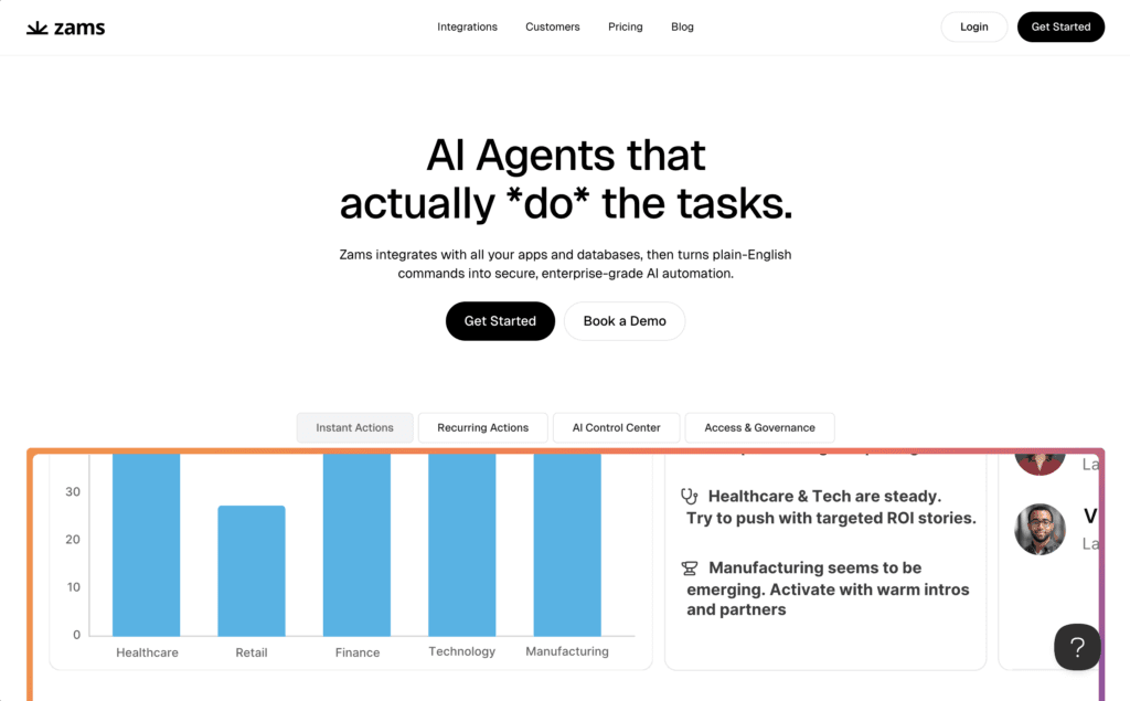 Zams homepage, headlined AI Agents that actually do the tasks, above a bar chart of activity by industry beside AI-written recommendations