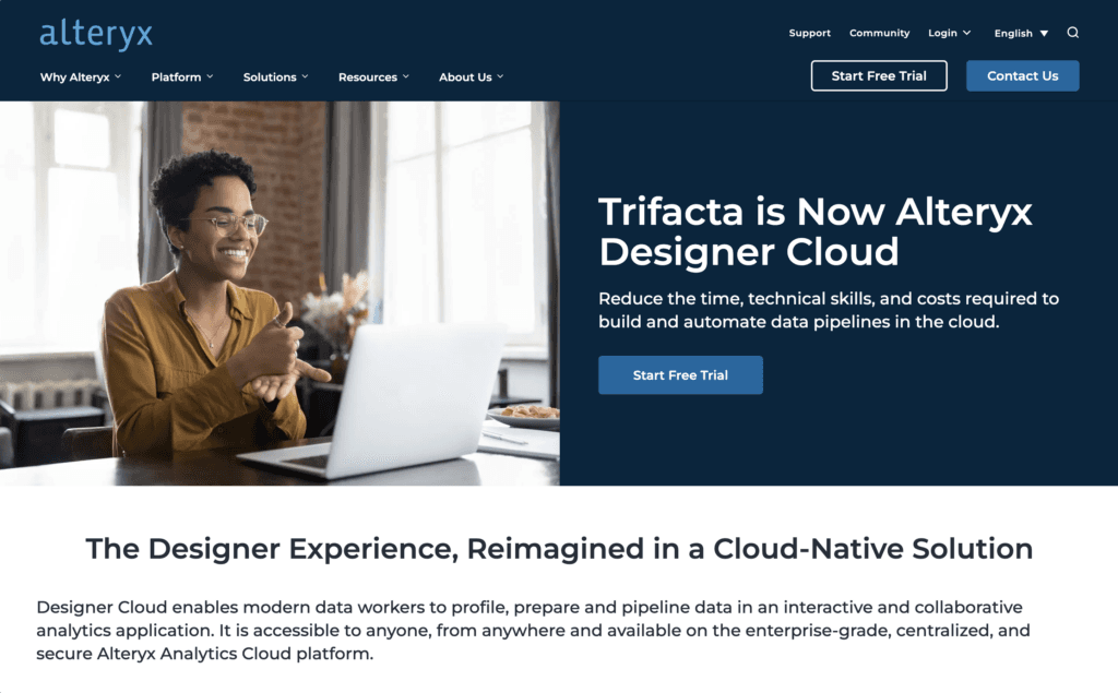 Alteryx page headlined Trifacta is Now Alteryx Designer Cloud, subtitled Reduce the time, technical skills, and costs required to build and automate data pipelines in the cloud