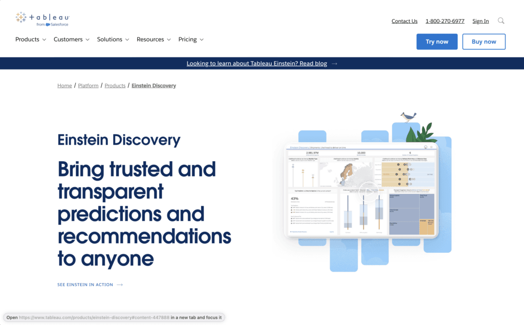Tableau Einstein Discovery product page, headlined Bring trusted and transparent predictions and recommendations to anyone