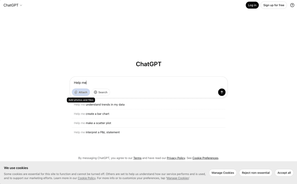The ChatGPT prompt box with Help me typed in, offering suggested completions including understand trends in my data, create a bar chart, make a scatter plot and interpret a P and L statement