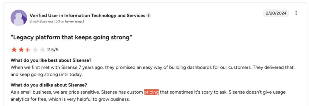 G2 review on Sisense, with a focus on pricing.