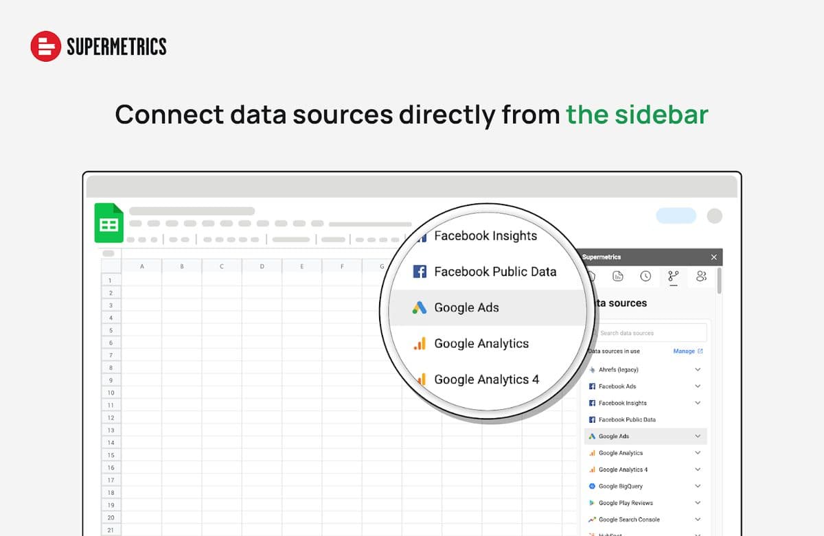 The Supermetrics sidebar in Google Sheets, listing data sources including Facebook Insights, Google Ads and Google Analytics 4.