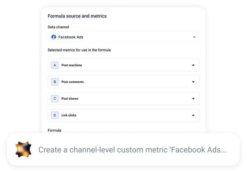 Whatagraph's custom metric builder, choosing Facebook Ads metrics such as post reactions, comments, shares and link clicks for a formula.