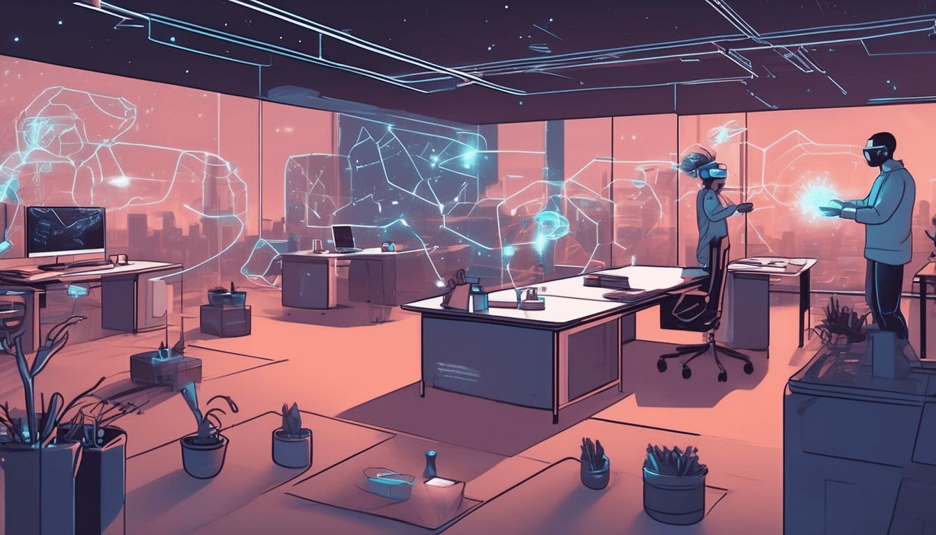 An illustrated office where people in headsets manipulate glowing network diagrams projected across the walls