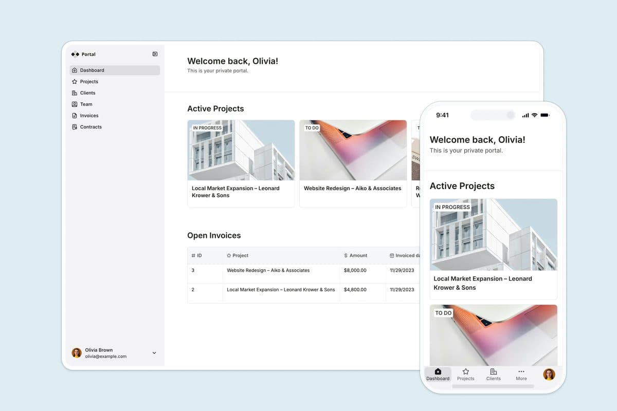 A Softr client portal showing Projects, Clients, Invoices and Contracts navigation with active project cards and an open invoice table
