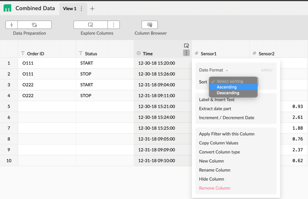 The Time column menu open on the Combined Data view, with the sort dropdown showing Ascending and Descending above options for date format, filtering and column changes