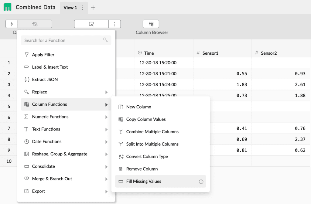 Mammoth's function menu with Column Functions expanded, highlighting Fill Missing Values alongside New Column, Combine Multiple Columns, Split Into Multiple Columns and Convert Column Type