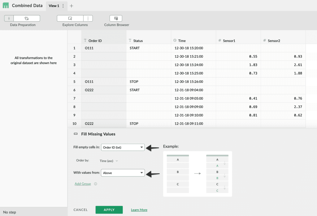 Mammoth's Fill Missing Values panel set to fill empty cells in Order ID with the value above, ordered by Time ascending, with a worked example showing gaps filled downward