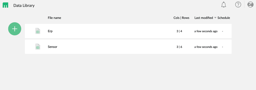 Mammoth's Data Library listing two uploaded files, Erp at 3 columns by 4 rows and Sensor at 3 columns by 6 rows