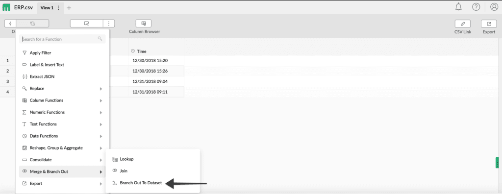 Mammoth's function menu open on the ERP dataset with Merge and Branch Out expanded to show Lookup, Join and Branch Out To Dataset, and an arrow pointing at Branch Out To Dataset