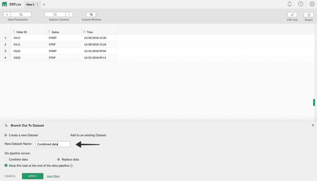 Mammoth's Branch Out To Dataset panel with Create a new Dataset selected and Combined data typed into the new dataset name field