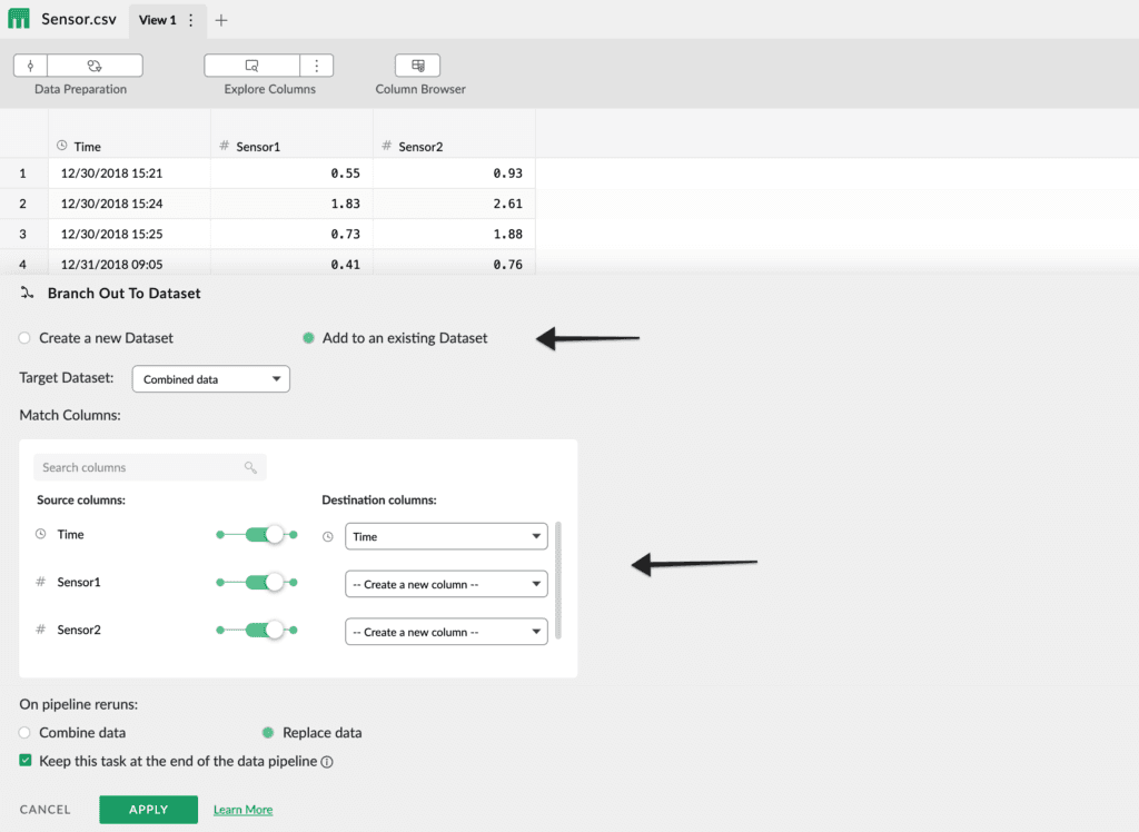 The same Branch Out To Dataset panel on the Sensor dataset, this time with Add to an existing Dataset selected, Combined data as the target, and Time mapped to Time while Sensor1 and Sensor2 each create a new column