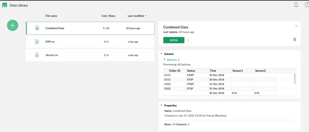 Mammoth's Data Library showing the new Combined Data dataset at 5 columns by 10 rows built from two batches, with ERP.csv and Sensor.csv listed beneath it