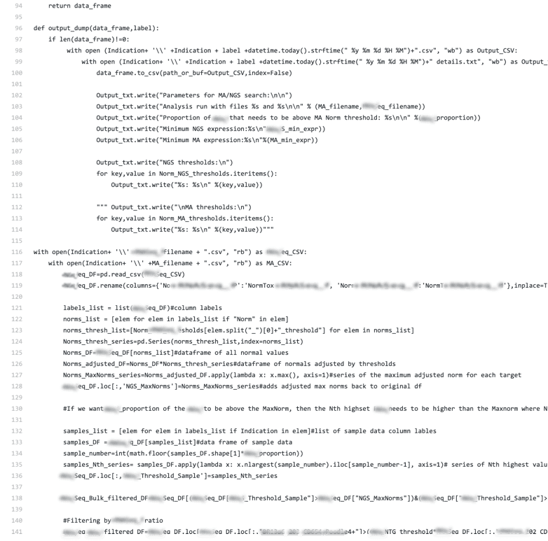 The Python script this replaces: around fifty lines of pandas reading two CSVs, renaming columns, building threshold series, computing maximum adjusted norms and filtering by ratio