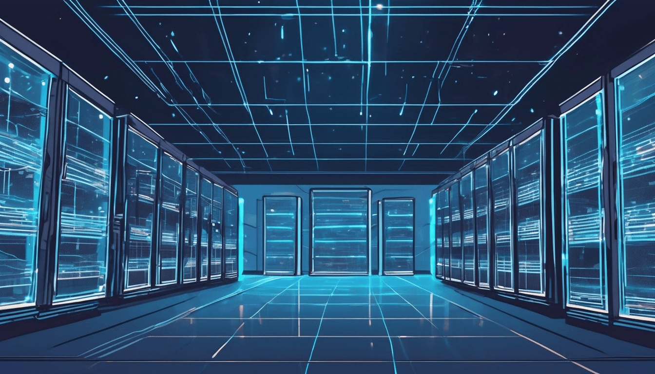An illustrated data centre corridor of glowing blue server racks
