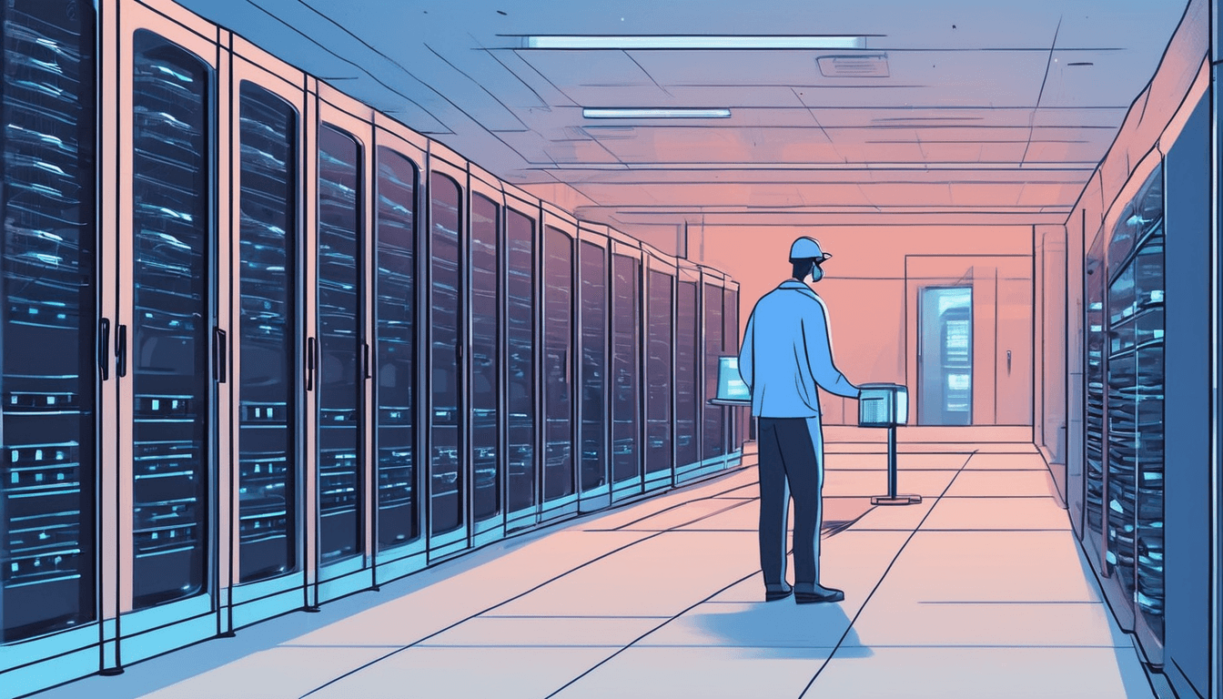 An illustrated technician in a hard hat reviewing a terminal in a hall of server racks
