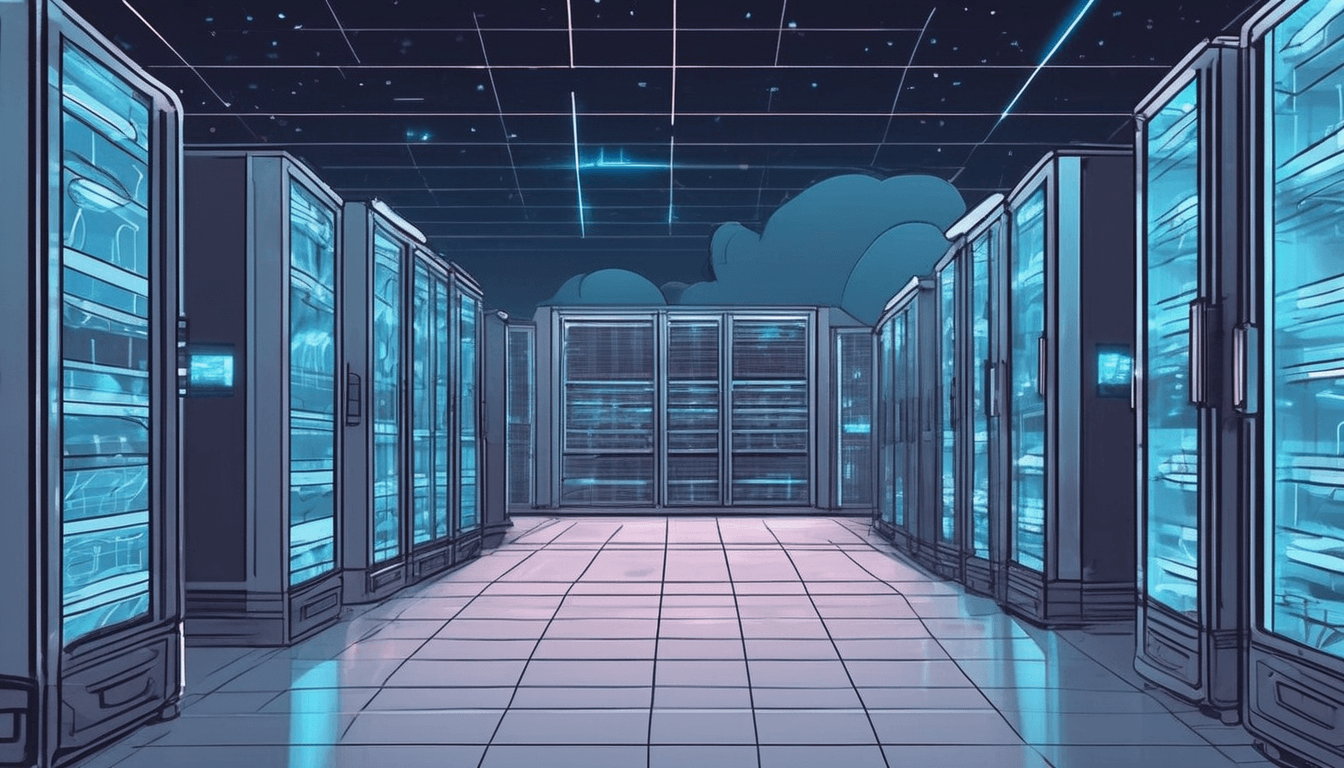 An illustrated data centre corridor of blue-lit server racks, with a cloud shape floating above the racks at the far end