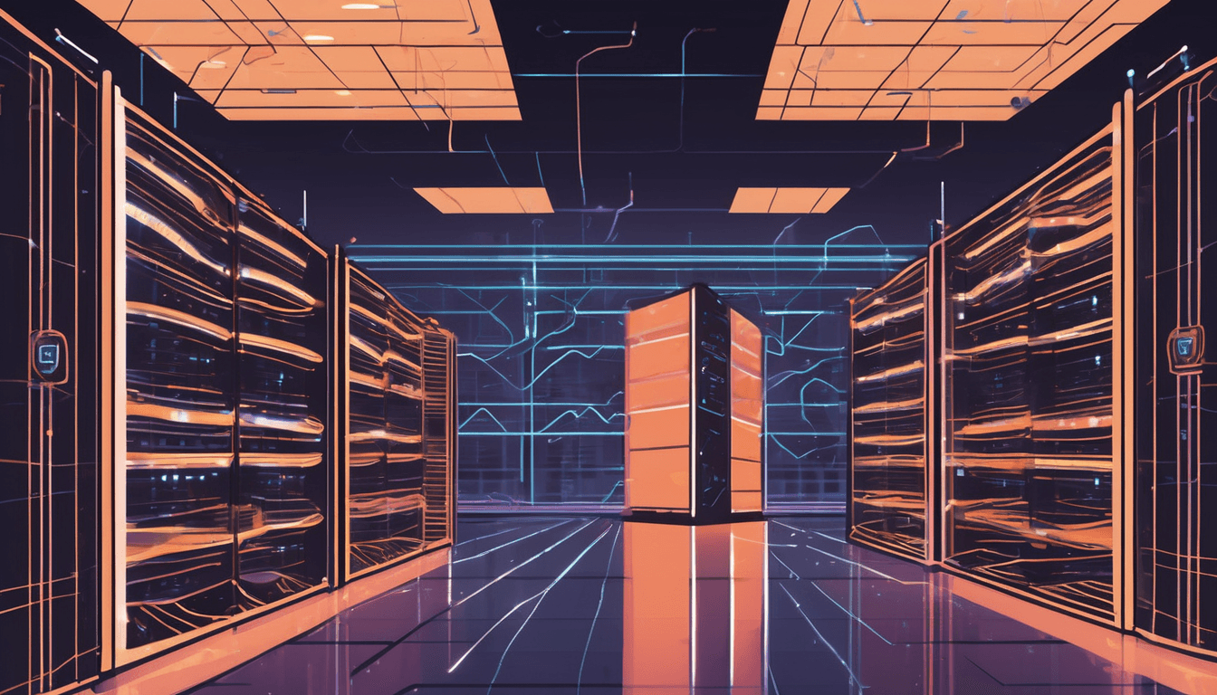 An illustrated data centre corridor of server racks lit in orange and violet