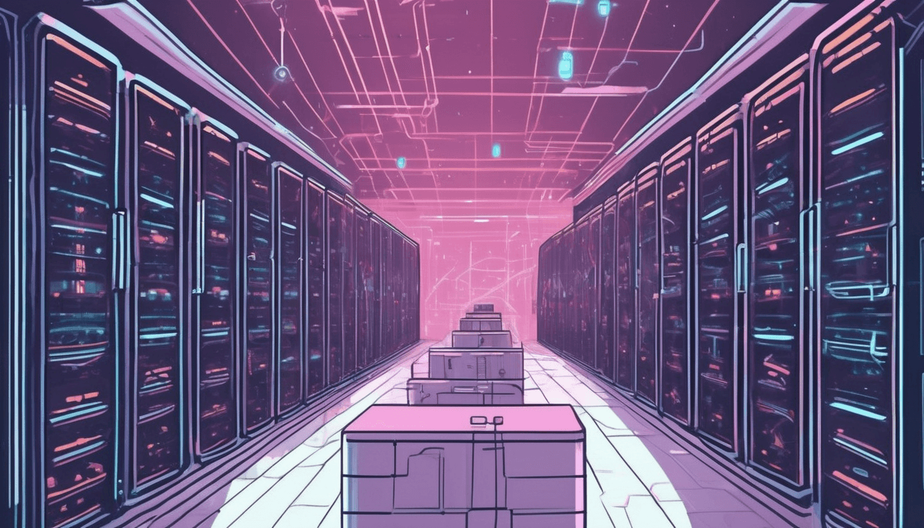 An illustrated data centre corridor of server racks lit in pink and blue