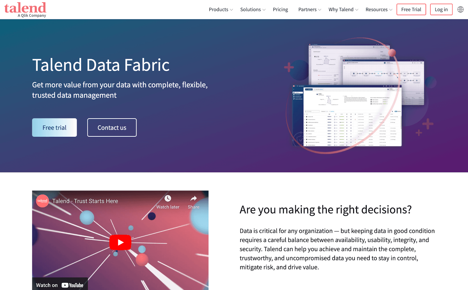 Talend Data Fabric product page, subtitled Get more value from your data with complete, flexible, trusted data management