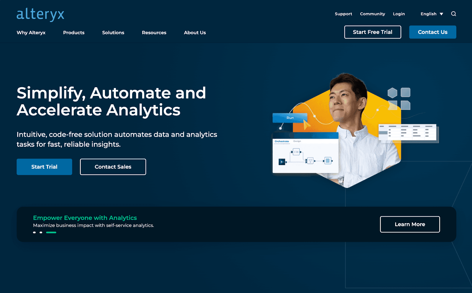Alteryx homepage, headlined Simplify, Automate and Accelerate Analytics, subtitled Intuitive, code-free solution automates data and analytics tasks for fast, reliable insights