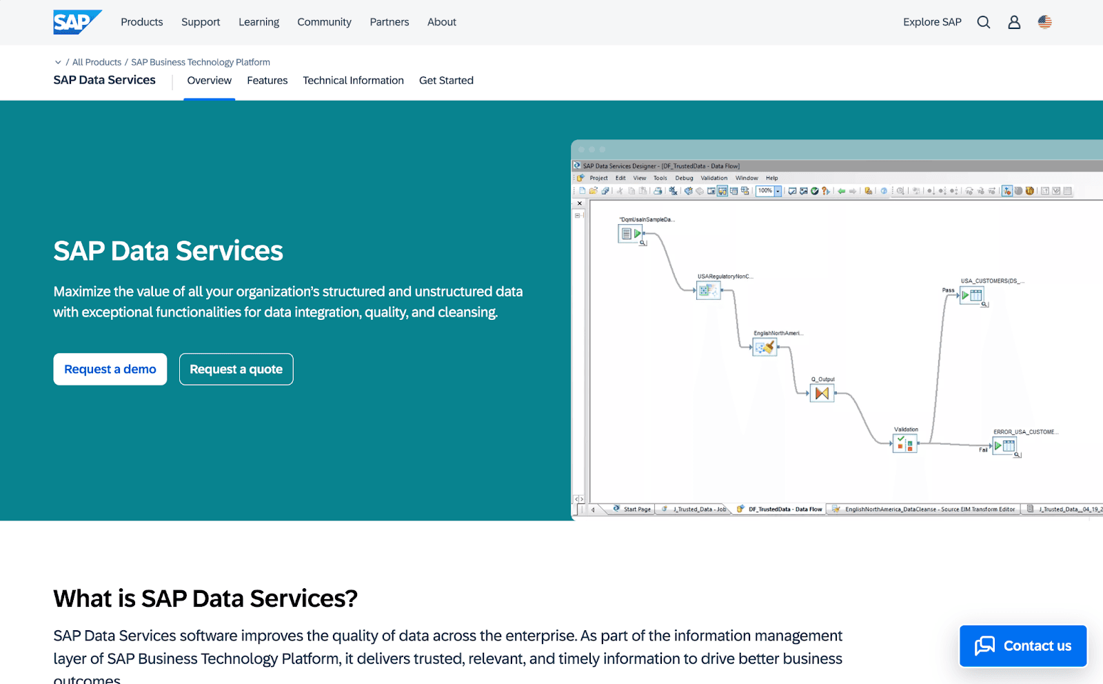 SAP Data Services product page, subtitled Maximize the value of all your organization s structured and unstructured data, beside a screenshot of the SAP Data Services Designer data flow canvas