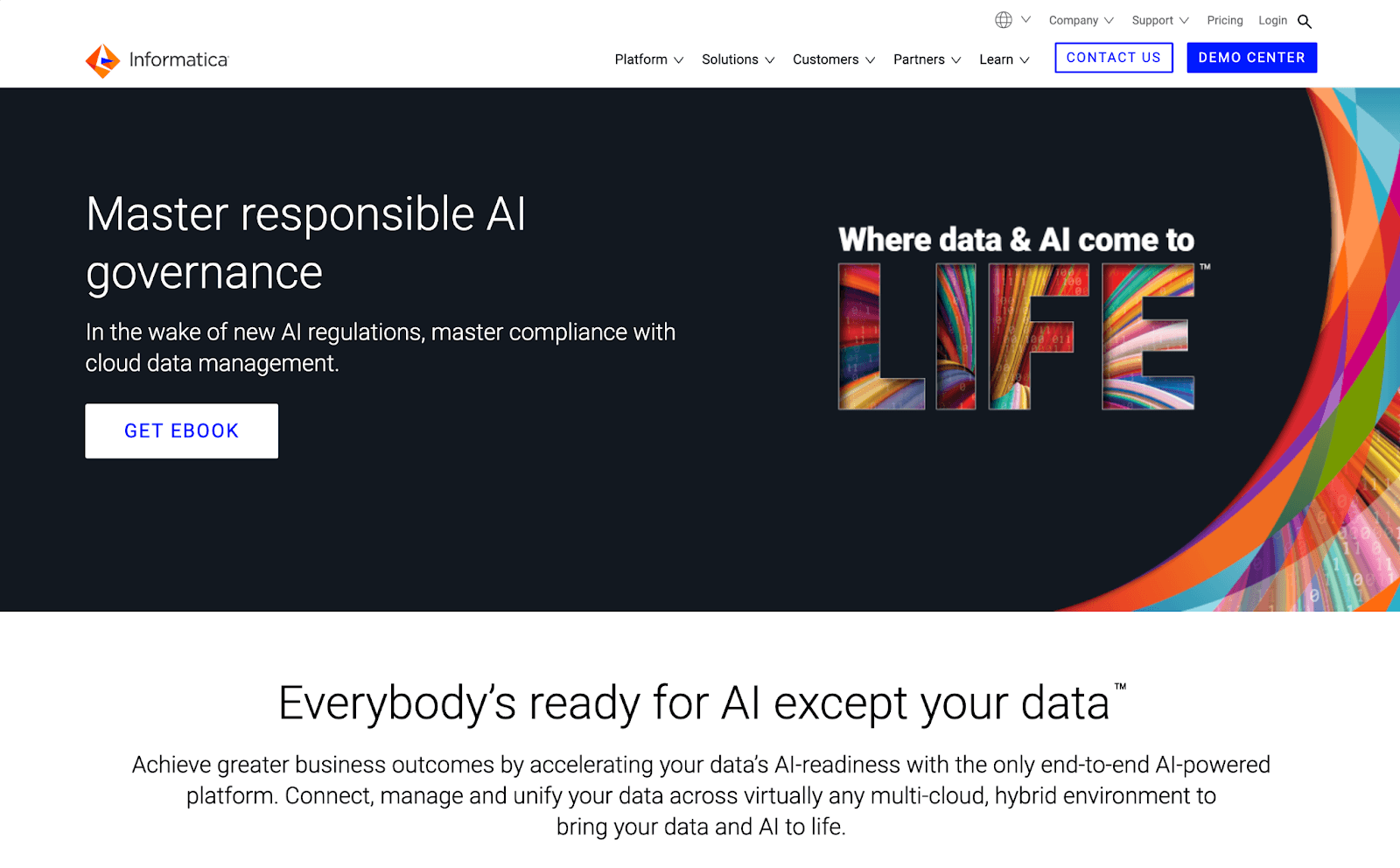 Informatica homepage, headlined Master responsible AI governance, over the strapline Everybody is ready for AI except your data