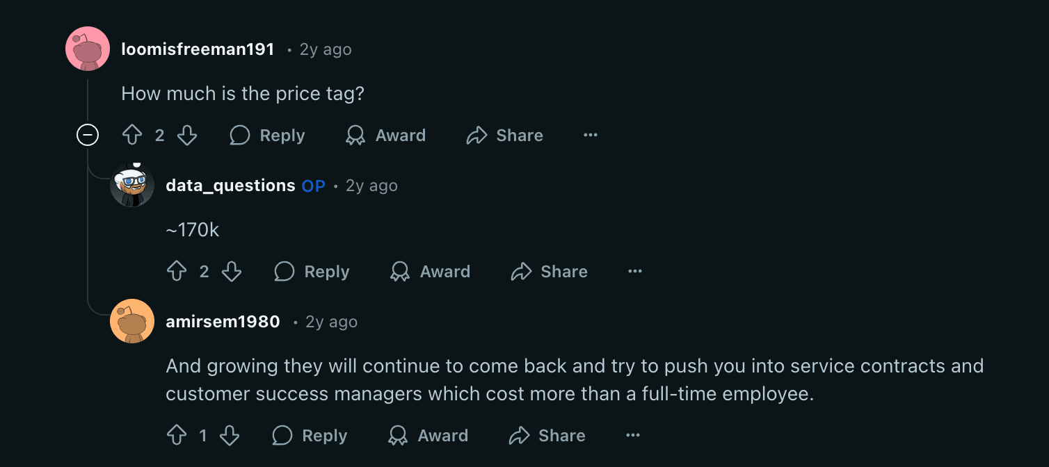 Reddit thread about Alteryx pricing: a commenter asks how much is the price tag, the original poster replies around 170k, and a third commenter warns about being pushed into service contracts and customer success managers that cost more than a full-time employee
