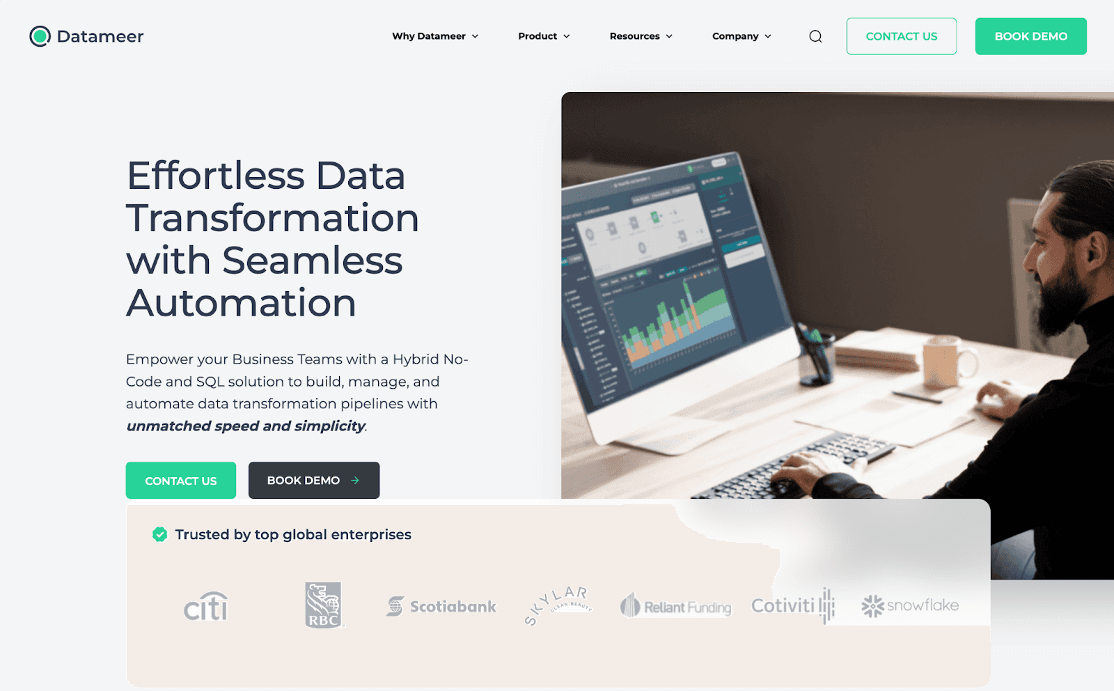 Datameer homepage, headlined Effortless Data Transformation with Seamless Automation, with customer logos for Citi, RBC, Scotiabank, Reliant Funding, Cotiviti and Snowflake