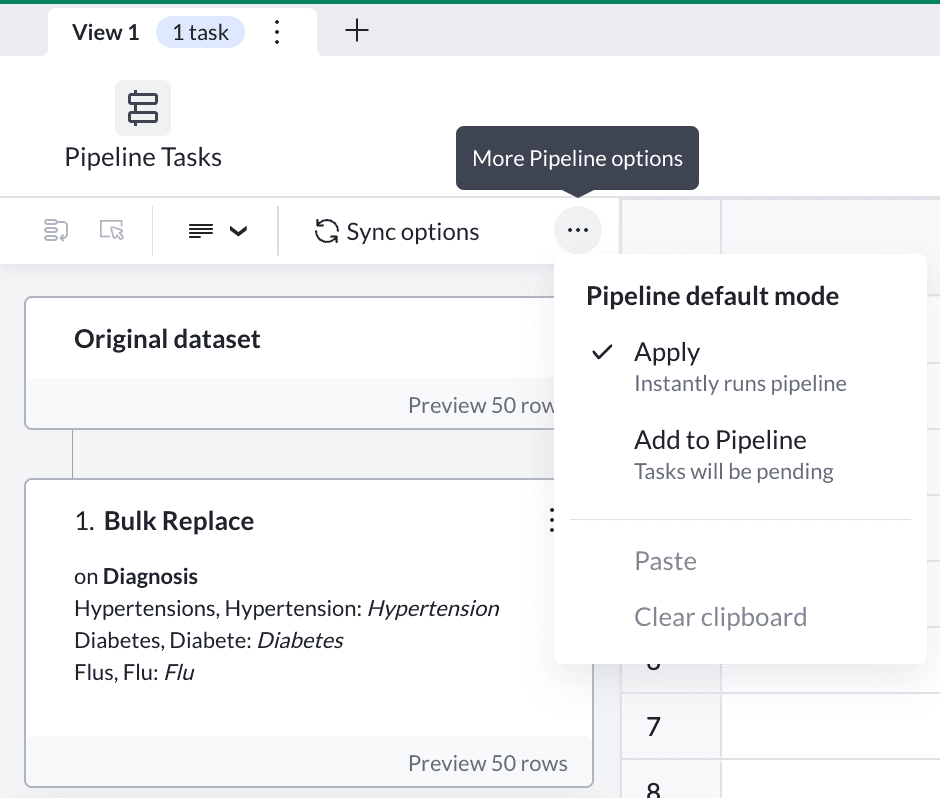 The More Pipeline options menu in Mammoth, offering a Pipeline default mode of either Apply, which instantly runs the pipeline, or Add to Pipeline, which leaves tasks pending