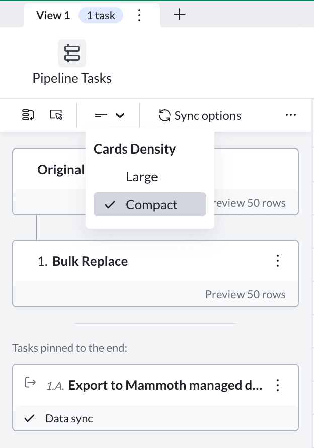The Cards Density menu in the Mammoth pipeline, with Compact selected instead of Large